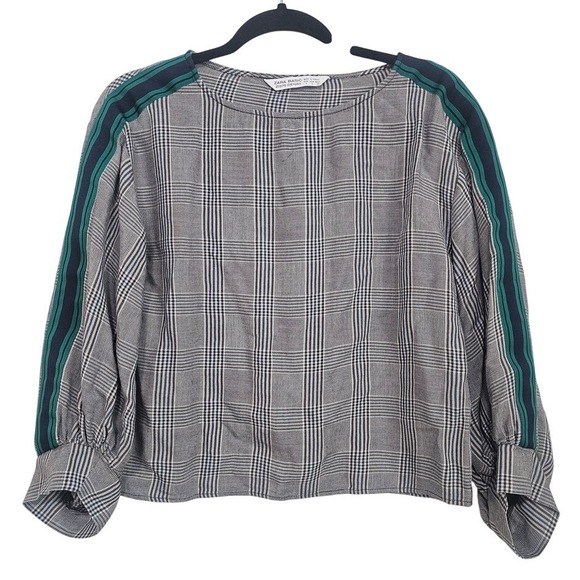 Zara Tops - Zara Basic Women Small‎ Grey Plaid Top Green Racing Stripe Puff Sleeve Preppy ~